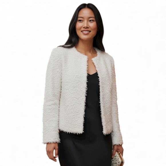 H&M Women’s Ivory Shaggy Faux Fur Eyelash Knit Open Front Jacket size 4 - Picture 1 of 9